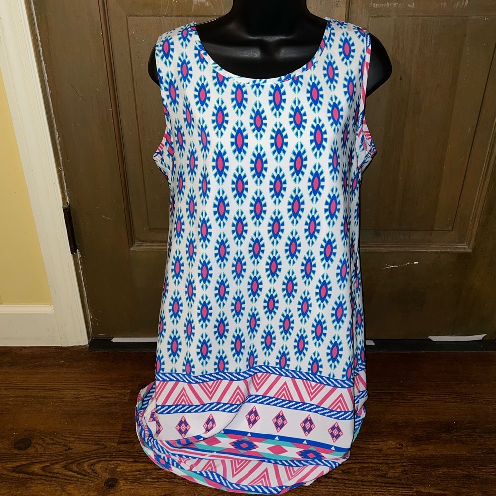Peach Love California Boho White Colorful Geometric Tribal Print Dress Size M - Picture 4 of 10